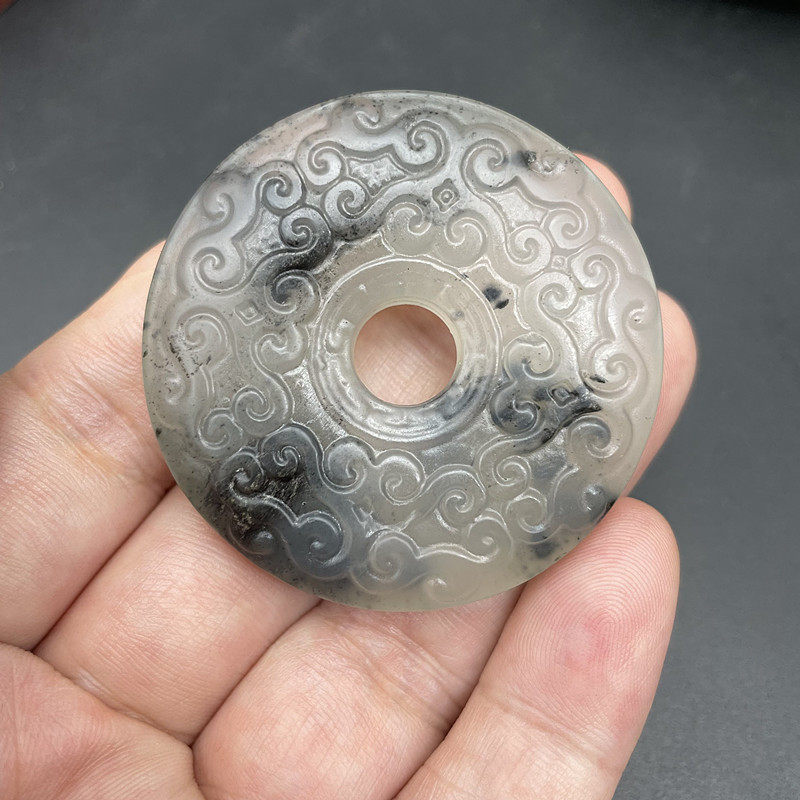 岫岩玉岫玉水墨仿古平安扣吊坠圆牌背云祥云玉石玉佩车挂汉服腰佩