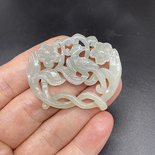 和田玉青白玉拉丝镂空喜上眉梢吊坠挂件梅花玉佩腰佩古风汉服配饰