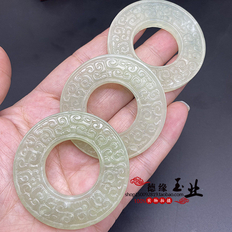 岫玉圆环平安扣吊坠挂件仿古回纹雕刻玉石玉佩古风玉佩腰佩车挂饰