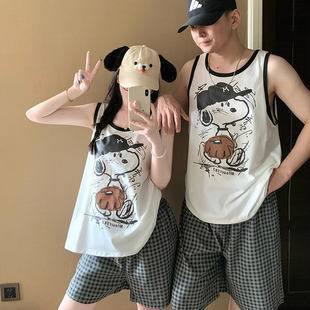 情侣睡衣女款夏季纯棉无袖背心短裤套装卡通史努比男士外穿家居服
