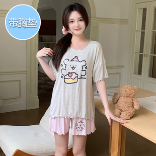 莫代尔凉感卡通可爱线条狗家居服两件套 短裤 带胸垫睡衣女夏款 短袖