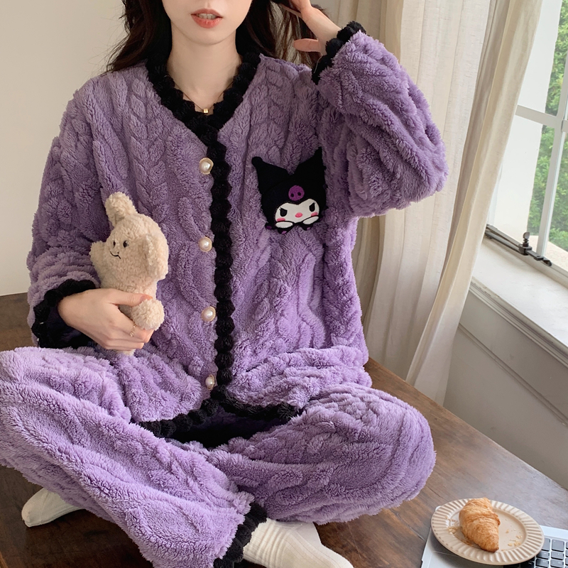 珊瑚绒睡衣女秋冬季加厚学生套装