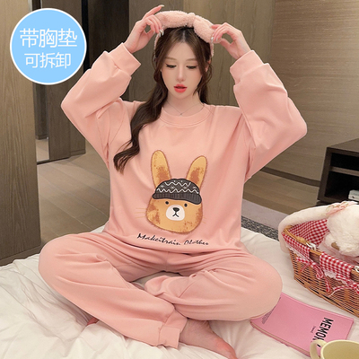 带胸垫睡衣女秋冬季德绒长袖大码