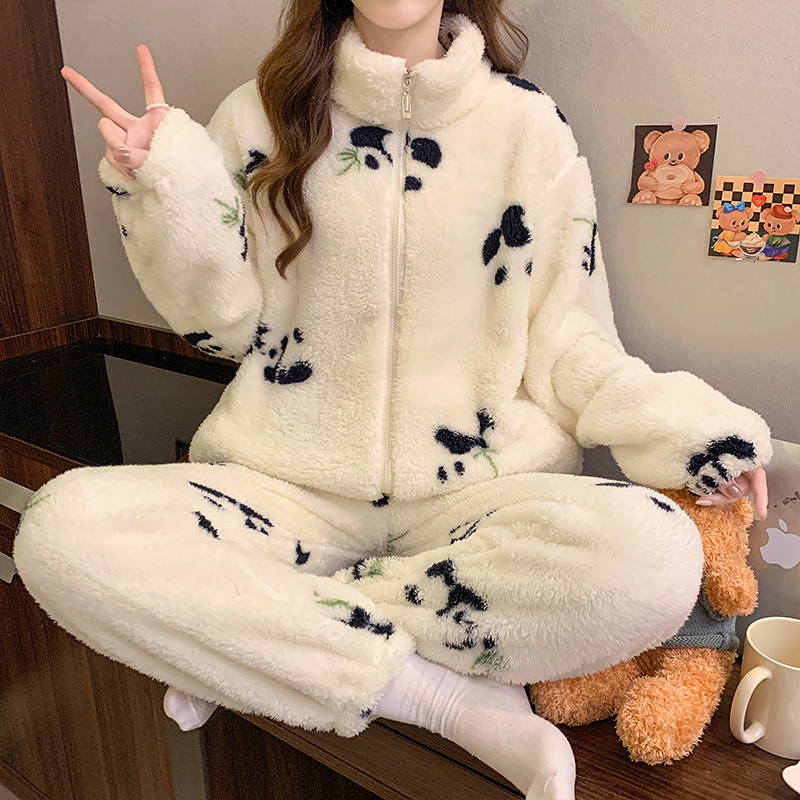 珊瑚绒睡衣女秋冬季加厚拉链套装