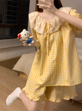 黄色格子睡衣女夏季纯棉短袖裤甜美可爱公主风蕾丝圆领家居服套装