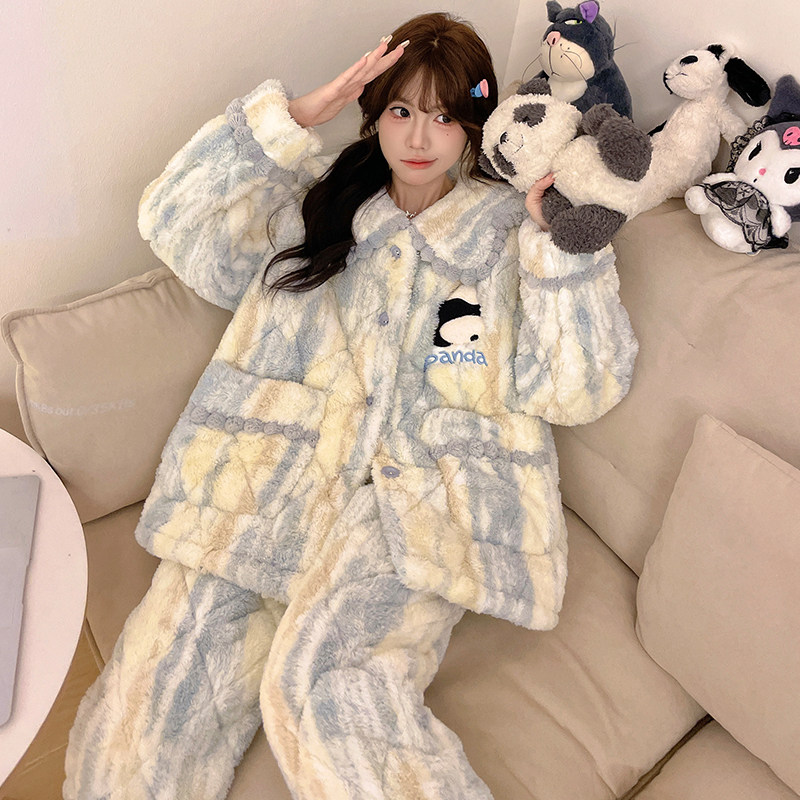 三层夹棉珊瑚绒睡衣女冬季加厚法兰绒2024新款可爱熊猫家居服套装