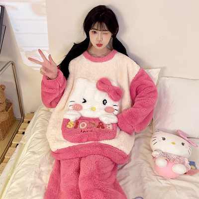 珊瑚绒睡衣女秋冬季加绒加厚套装