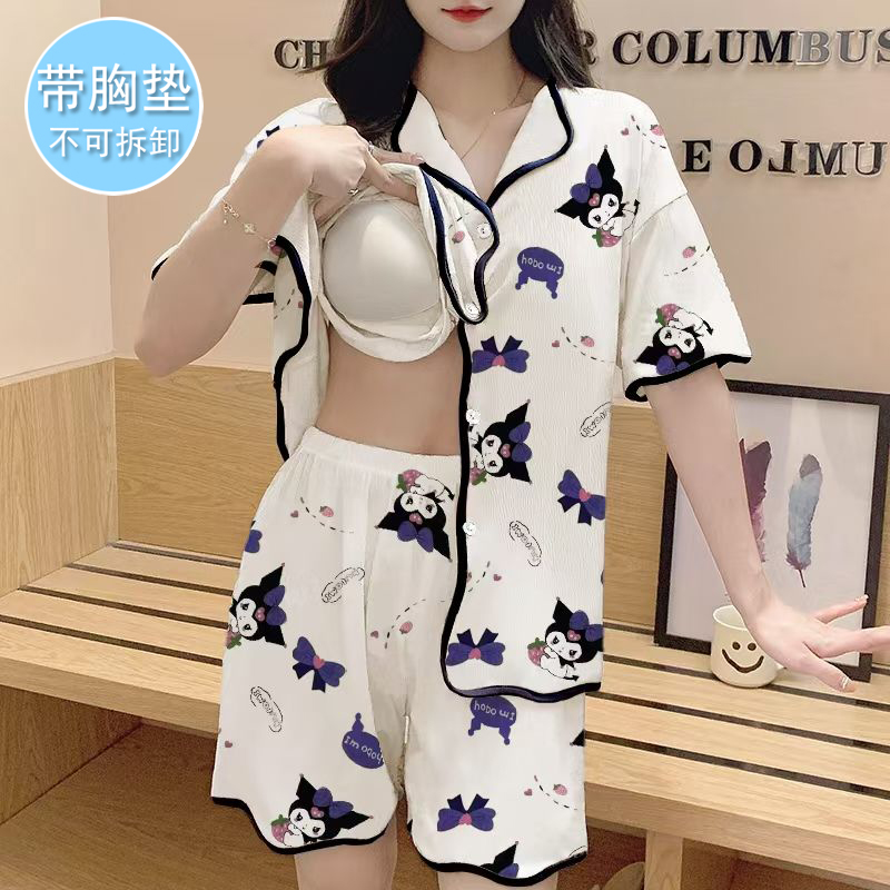 带胸垫睡衣女夏季纯棉短袖可外穿