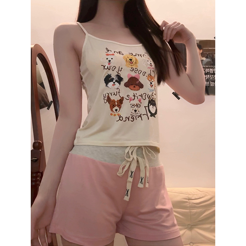 睡衣女夏莫代尔吊带短裤卡通甜美