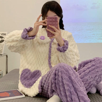 珊瑚绒睡衣女秋冬季加厚加绒法兰绒甜美可爱公主风翻领家居服套装
