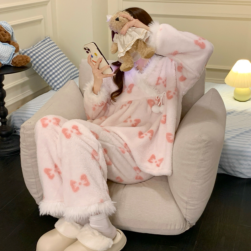 珊瑚绒睡衣女秋冬季加厚绒公主风