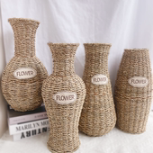 藤编铁艺简约仿落地花瓶客厅干花插花落地大树脂北欧装 饰花器摆件