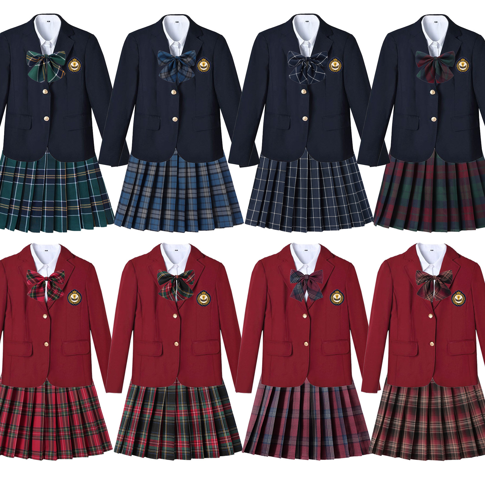 现货(外套+衬衫+裙)可定做班微标女英伦学院学生制服班服校服套装