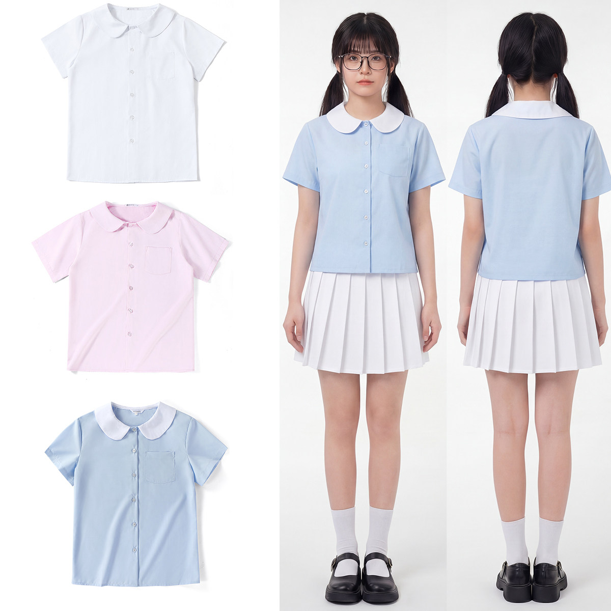 可爱萌款长短袖衬衫女上衣学院娃娃领宽松圆领娃娃日向幼稚园丸襟