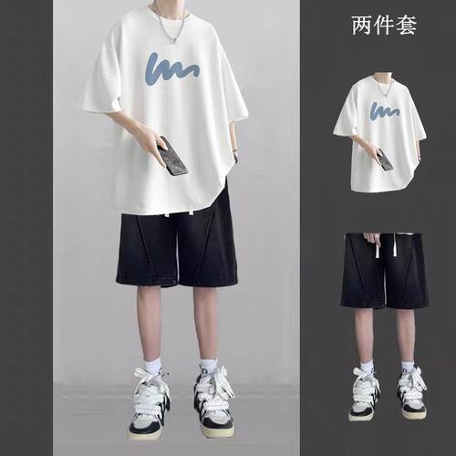 短袖夏季男痞帅港风牛仔短裤套装男生韩版帅气薄款纯棉T休闲时尚
