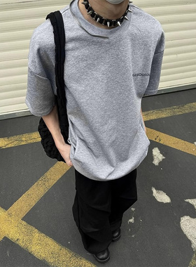 灰色设计感领口拉链短袖男款美式高级感痞帅重磅T恤小众半袖上衣