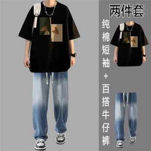 夏季男士纯棉短袖印花男T恤休闲运动套装学生宽松ins裤子韩版男生