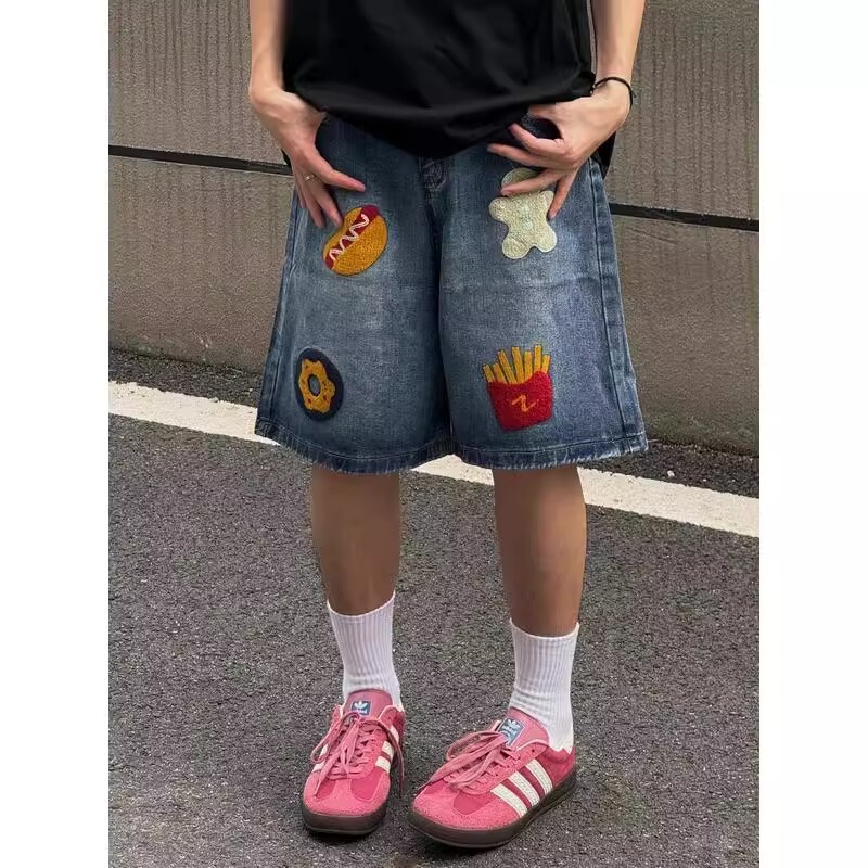 美式复古卡通毛巾绣牛仔短裤男款夏季休闲百搭宽松直筒阔腿五分裤