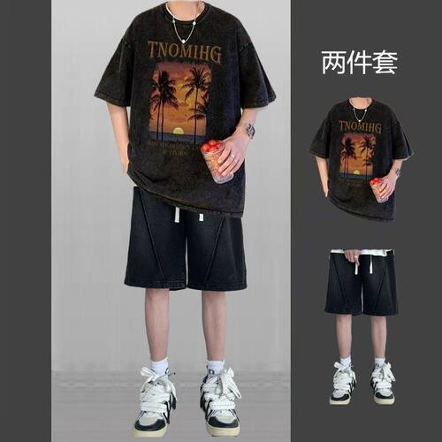 男ins牛仔短裤纯棉短袖夏季T恤休闲运动套装高街薄款运动印花潮流