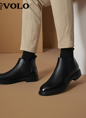 VOLO/犀牛男士切尔西靴一脚蹬男流行高帮皮靴加绒马丁靴真皮短靴
