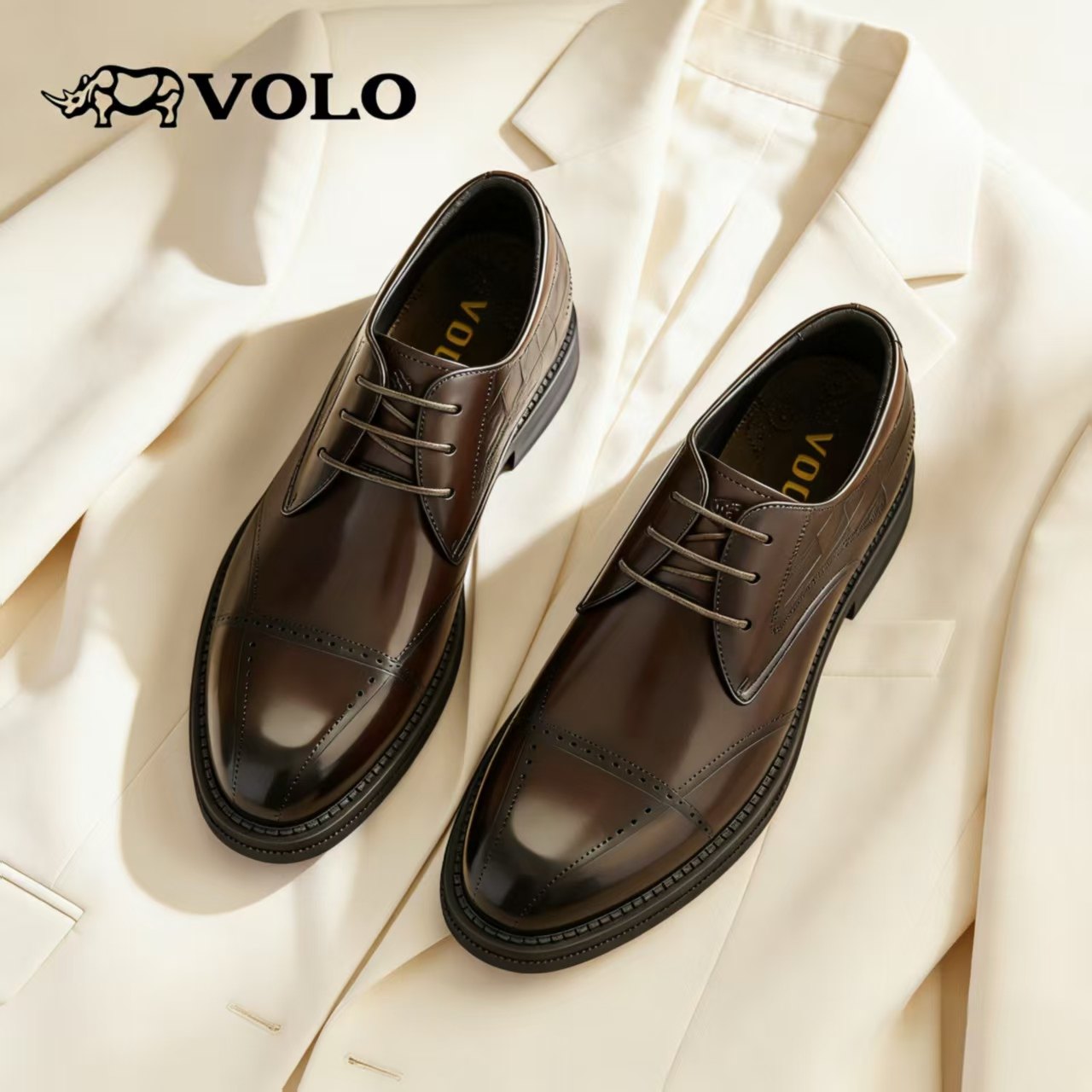 VOLO犀牛男士皮鞋2025新款休闲正装商务真皮尖头结婚布洛克德比鞋