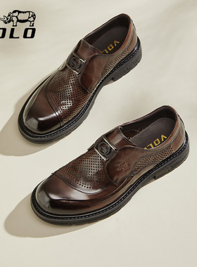 VOLO犀牛男士皮鞋男款真皮休闲鞋夏季透气镂空休闲一脚蹬凉快男鞋
