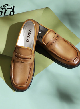VOLO/犀牛豆豆鞋男真皮透气休闲皮鞋男款懒人套脚一脚蹬软底厚底