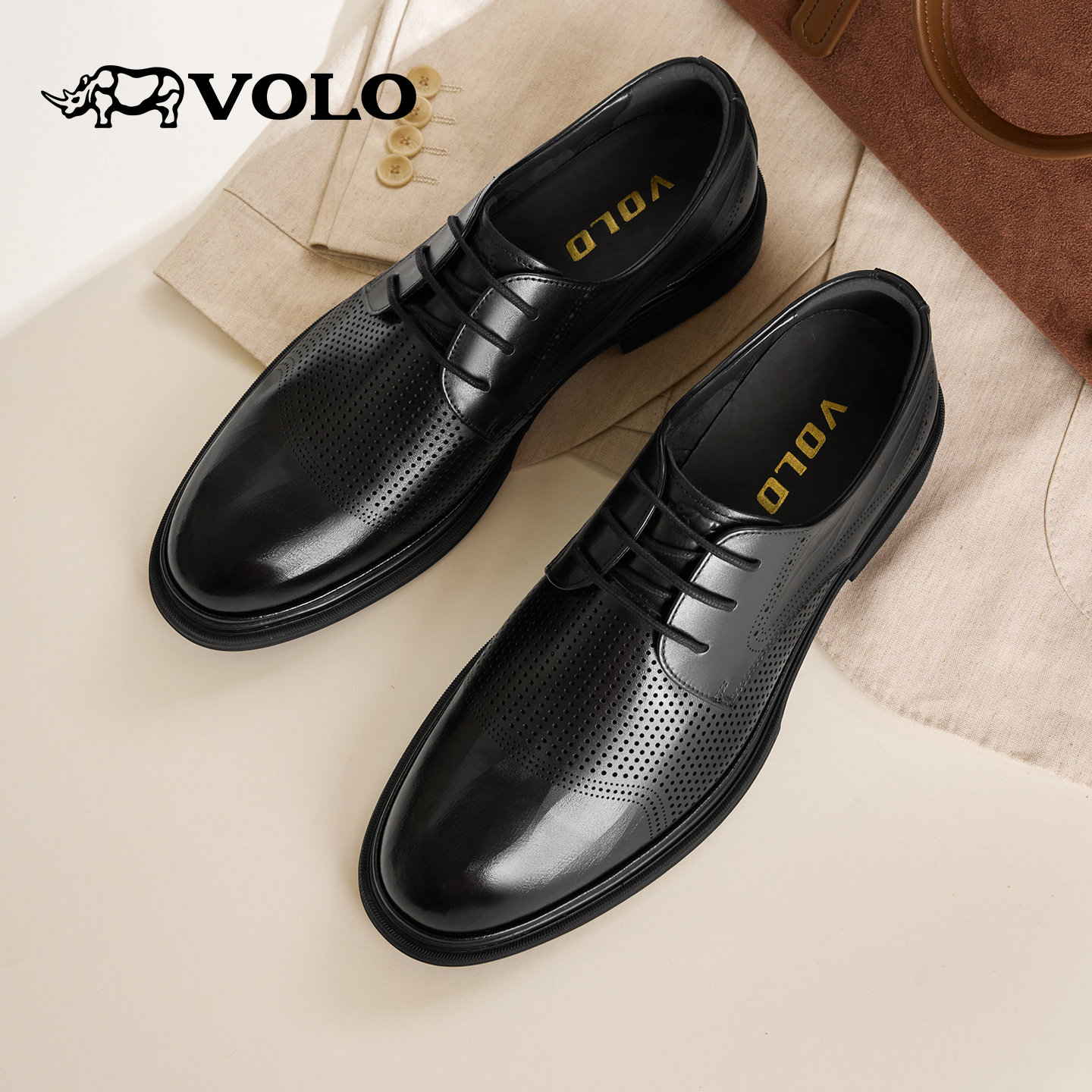 VOLO犀牛皮鞋男款2026新款夏镂空男士休闲皮鞋透气全黑公务通勤鞋