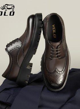 侯明昊同款VOLO犀牛男士皮鞋男正装商务2025新款布洛克真皮大头鞋
