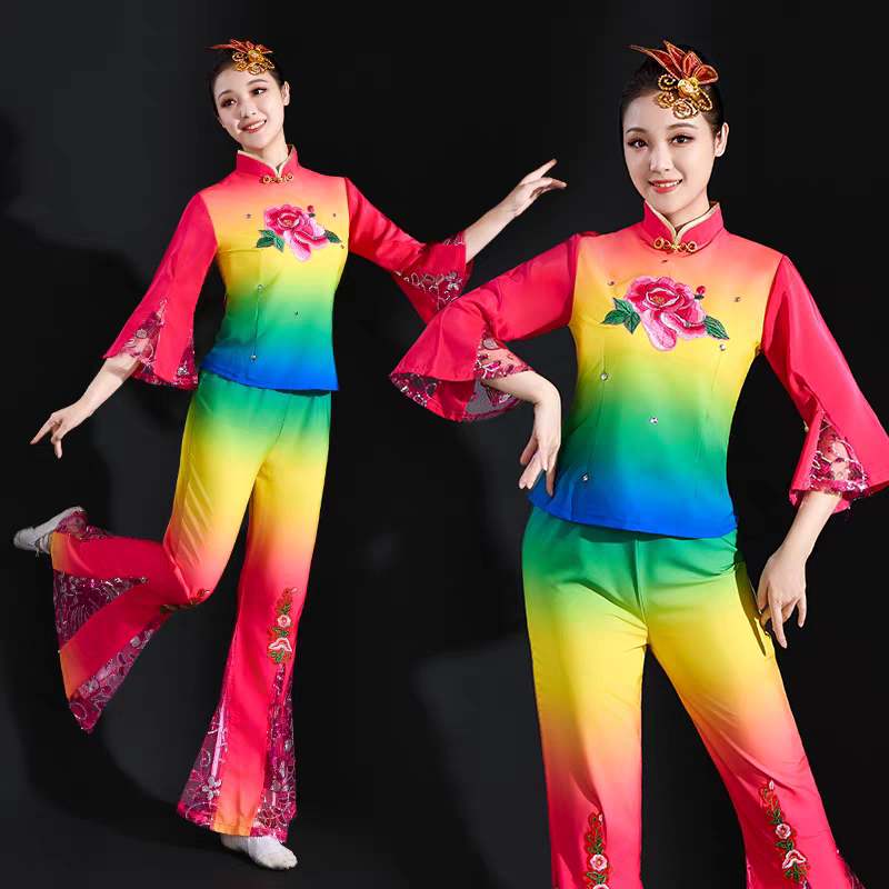 2026新款广场演出服中国扇子舞秧歌鼓舞舞蹈中老年古典舞表演套装