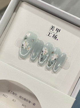 纯手工花朵显白穿戴甲中长款韩系