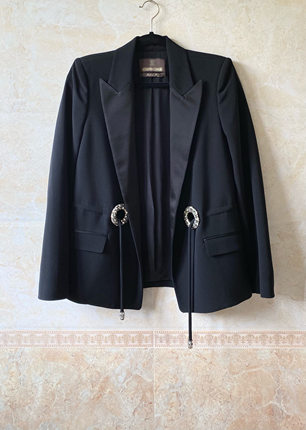 新款优雅黑色西装水晶扣可调节套装女休闲裤子两件套精纺羊毛秋冬