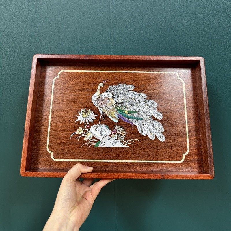 缅花螺钿加大孔雀文玩盘赏盘茶盘摆件36*24*高4CM