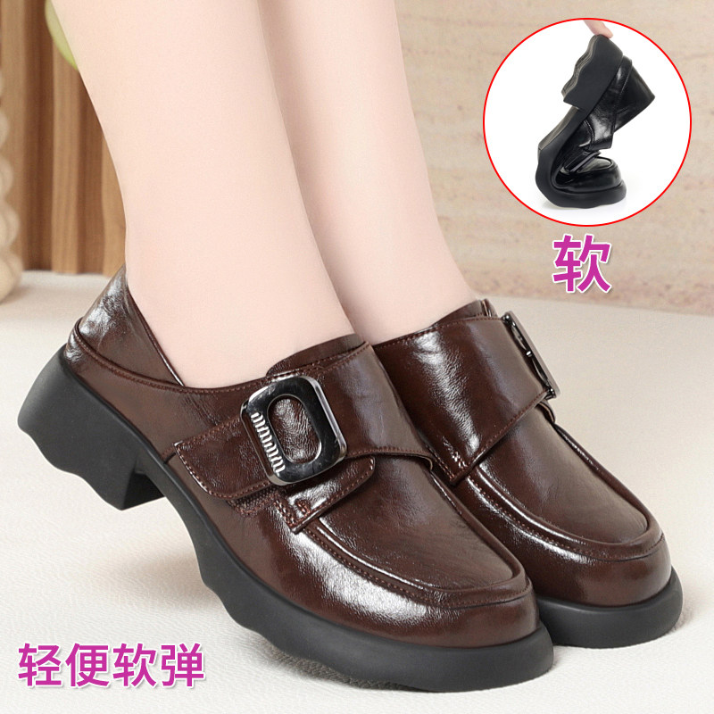 真皮小皮鞋女鞋春季妈妈单鞋棕色厚底乐福鞋软底中年女士单鞋舒适