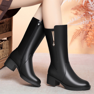 真皮女靴冬季平底棉靴防滑矮跟加绒羊毛长筒靴子中筒靴马靴女棉鞋