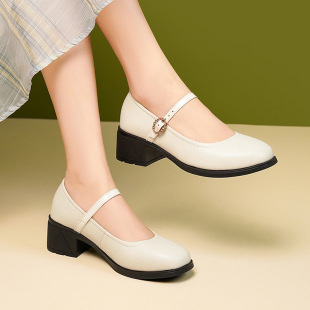 真皮走秀高跟鞋不累脚软底透气不闷脚女鞋妈妈鞋中跟单鞋女士皮鞋