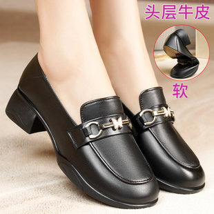 中老年妈妈皮鞋黑色单鞋中跟一脚蹬女鞋春秋真皮软底早秋鞋子女款
