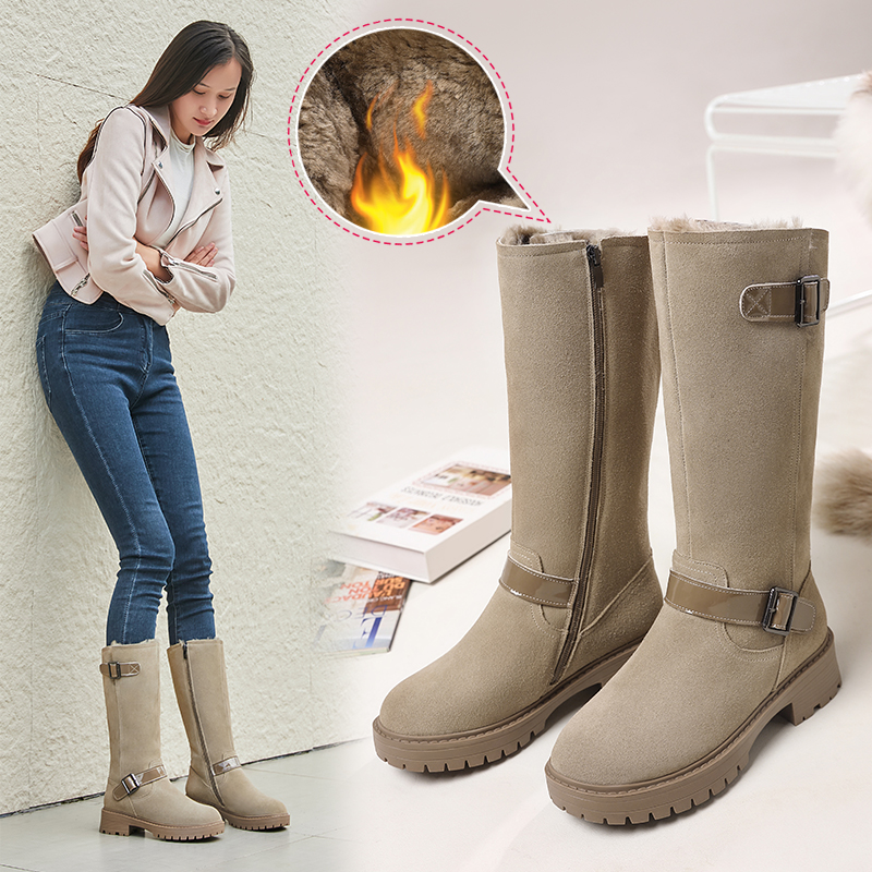 皮毛一体雪地靴高筒靴不过膝加绒