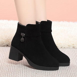 冬季 羊毛保暖女鞋 加绒棉鞋 大码 女真皮软底短靴中跟女士皮鞋 妈妈鞋