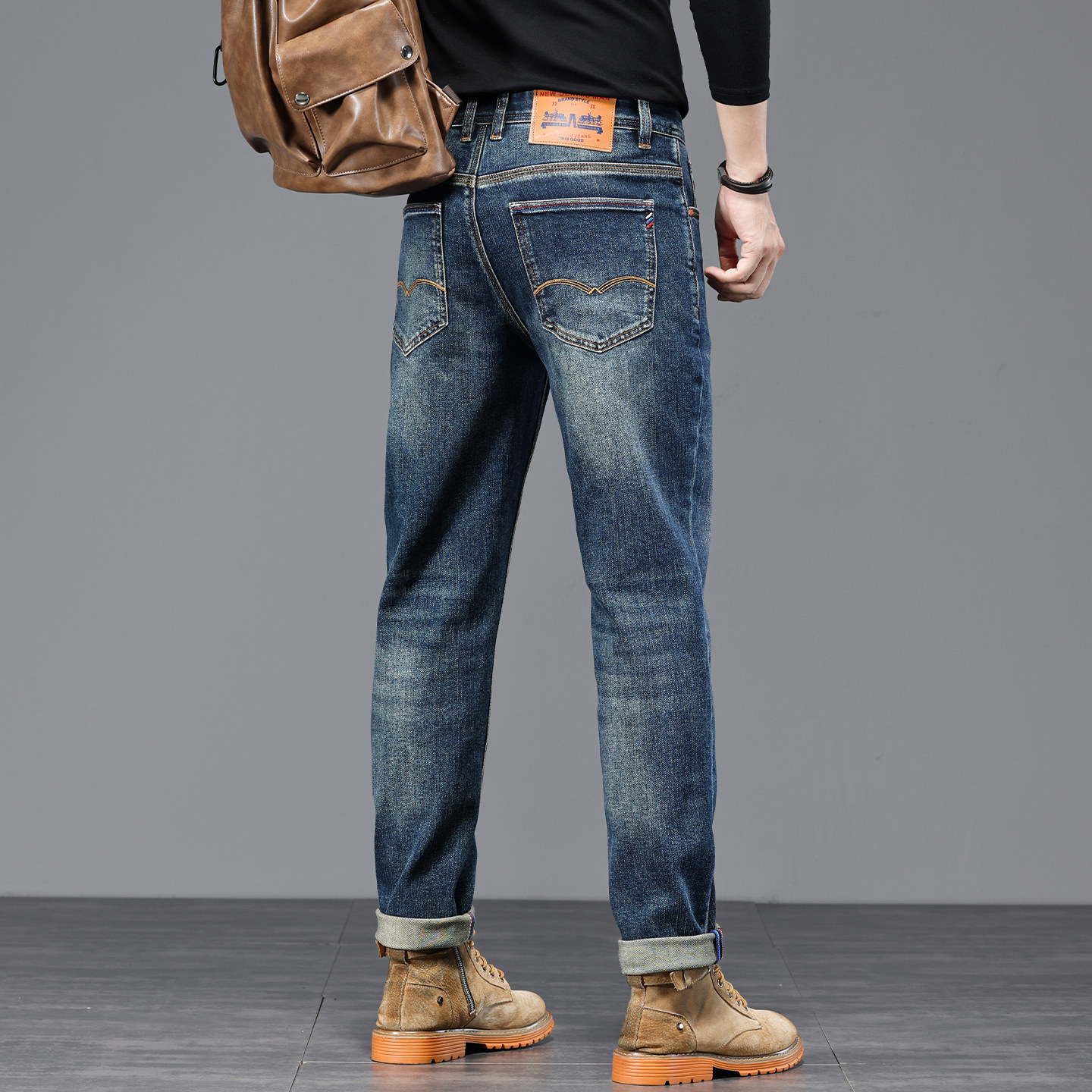 外贸高端品质重磅洗水深蓝色牛仔裤男装秋冬新款修身小直筒长裤子