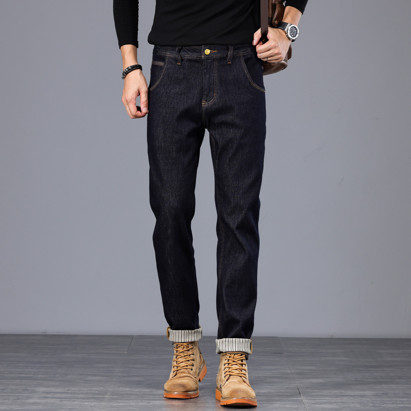2025秋冬新款深蓝色原色牛仔裤男装修身小直筒简约百搭弹力长裤子