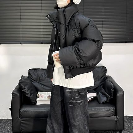 黑色短款立领羽绒棉服男款冬季美式高街加厚外套高级感面包服棉袄