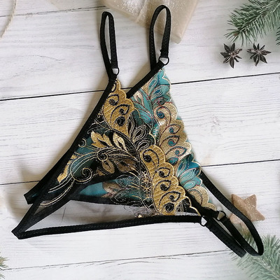 丁字裤刺绣透明中低腰火辣超薄女士内裤