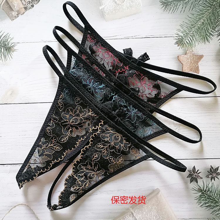 新款开档裤刺绣蕾丝性感透明内裤情侣女薄款情趣丁字裤