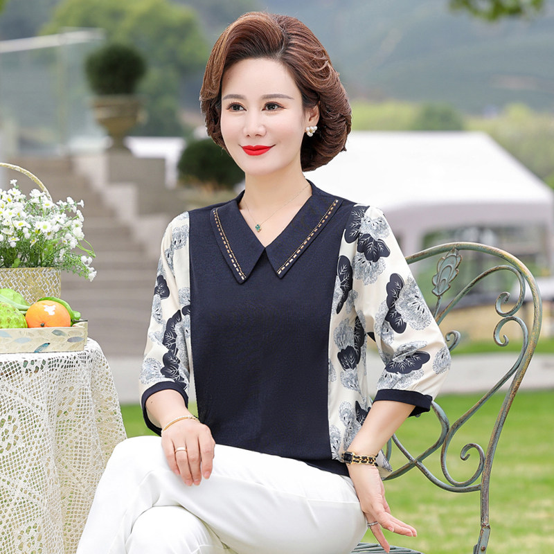 洋气妈妈春装新款雪纺衬衫中老年女休闲上衣夏季冰丝短袖T恤小衫