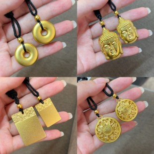 福牌八宝罗盘吊坠男女款平安扣项链黄金色大金佛头编织黑绳毛衣链