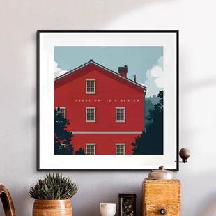简约现代客厅装饰画红色建筑风景小众艺术卧室挂画玄关背景墙壁画