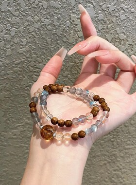 褐木鎏晶多宝水晶双圈手串女 轻奢小众高级感天然水晶手链清透款