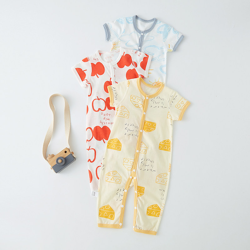 婴儿短袖长裤连体衣男夏季薄款女宝宝睡衣纯棉哈衣网眼透气童夏装