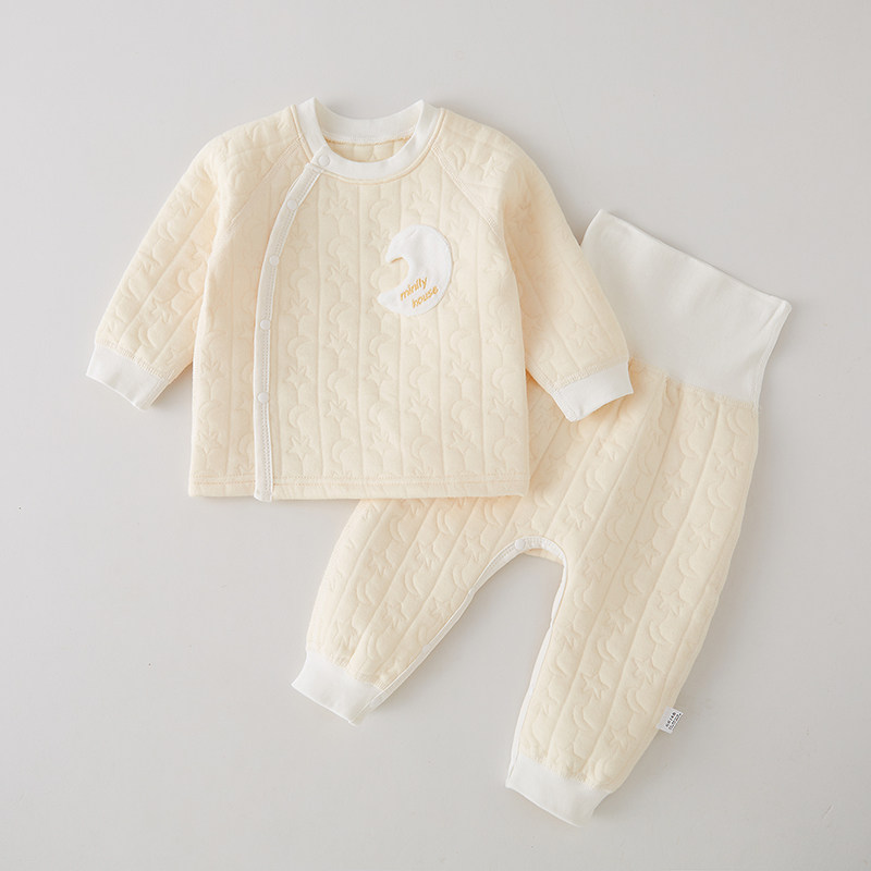婴儿保暖衣套装秋冬款三层夹棉宝宝衣服新生儿高腰护肚内衣两件套